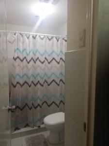 马尼拉Your City•Home Apartment的一间带卫生间和淋浴帘的浴室