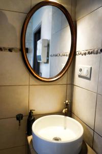Leuze-en-HainautGîte rural Les petites têtes的浴室设有白色水槽和镜子