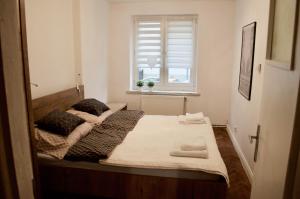 托伦Apartament Szymek的小型客房 - 带2张床和窗户