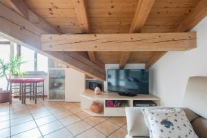 斯泰尼科Casa La Guarda的一间带电视和木制天花板的客厅