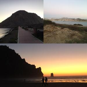 莫罗贝Marina Street Inn的海滩上的四幅日落景象和一对散步的景象