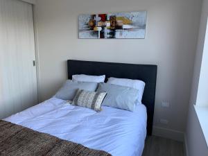 巴拉斯港Hermoso departamento nuevo en costanera de Puerto Varas的卧室内的一张带蓝色床单和枕头的床