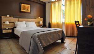 特鲁希略Hotel Chimu的一间卧室配有一张床、一张书桌和一个窗户。