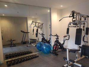 安吉利斯Andeo Suites的健身房设有两辆自行车和镜子