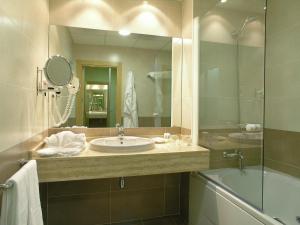 伊马科茵Blu Hotel Pamplona的一间带水槽、淋浴和镜子的浴室