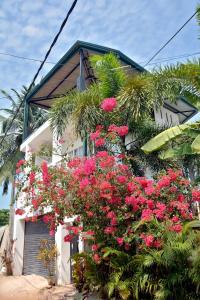 尼甘布Yolanda Villa Negombo的旁边是一座粉红色花卉的房子