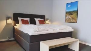 希茨海尔斯斯卡伽酒店的一间卧室配有一张大床和一张桌子