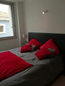 帕拉瓦莱弗洛Le Saint Roch - belle vue mer en plein centre ville的一张带红色枕头的床和窗户