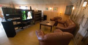 UlvöhamnUlvö Lakeside Resort的客厅配有皮革家具和电视