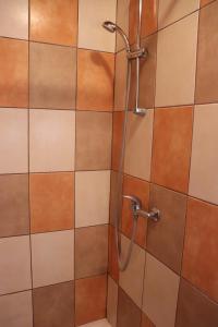 阿德尔什帕赫Privat No. 2的浴室铺有棕色和白色瓷砖,设有淋浴。