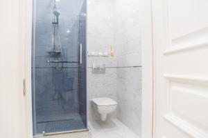 利沃夫VIP- Elite Lemberg Apartments的一间带卫生间和玻璃淋浴间的浴室