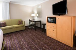威廉波特威廉姆斯波特假日酒店的酒店客房设有一张沙发和一个梳妆台上的电视