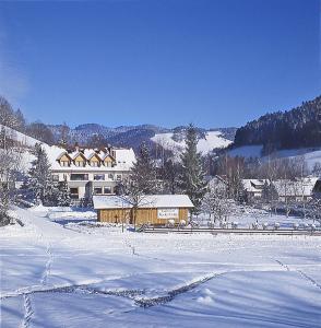 施特根雷克伯格酒店的雪覆盖的田野,有房子的背景