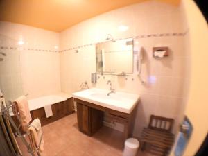 莫里亚克Auv'hôtel的一间带水槽、浴缸和镜子的浴室