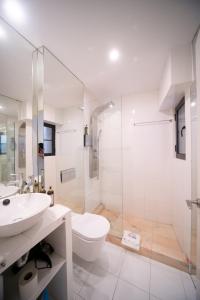 里斯本幸福里斯本公寓 - Bairro Alto的一间带水槽、卫生间和淋浴的浴室