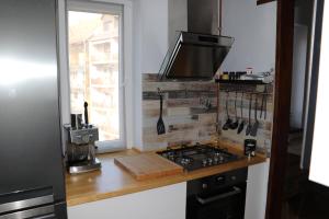 塞格德Petofi Apartman的厨房配有带炉灶的柜台和窗户。