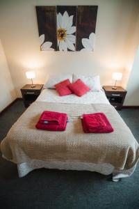 乌斯怀亚Departamento Ideal的一间卧室配有一张带两个红色枕头的床