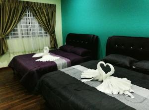哥打京那巴鲁Leisure homestay@Kota Kinabalu的两个天鹅坐在一个房间里,睡在两张床上