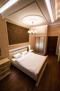 基辅Kyiv 2Rooms Classic Apartment的一间卧室配有一张床和一个吊灯