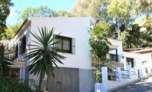 马拉加Quiet House in Malaga的前面有棕榈树的白色房子