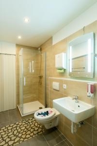 柏林达勒姆潘森酒店的浴室配有卫生间、盥洗盆和淋浴。