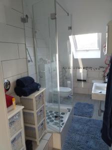 肯彭Ferienwohnung Mabo的一间带玻璃淋浴和水槽的浴室