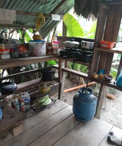 莱蒂西亚Casa do Xingú的厨房配有带锅碗瓢盆的桌子