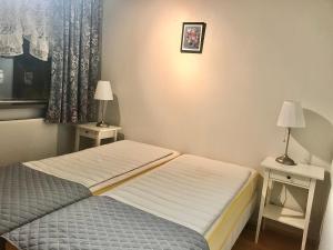 塞济斯菲厄泽汤加塔公寓酒店的一间小卧室,配有一张床和两张桌子