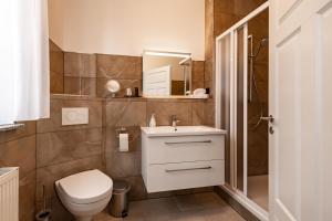 爱尔福特Haus Maximilian的一间带卫生间、水槽和镜子的浴室