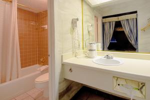 丹顿Economy Inn & Suites的一间带水槽、卫生间和镜子的浴室