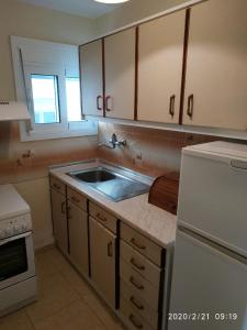 尼亚普拉莫斯Sand house的厨房配有水槽和白色冰箱
