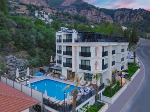 图兰克AMOSSİA Elite Boutique Hotel的享有酒店空中美景,设有游泳池