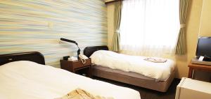 高松Takamatsu City Hotel的酒店客房设有两张床和电视。