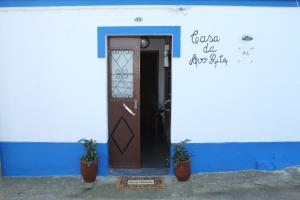 São Pedro do CorvalCasa da Avó Rita的一座蓝白色的建筑,有门和两株植物