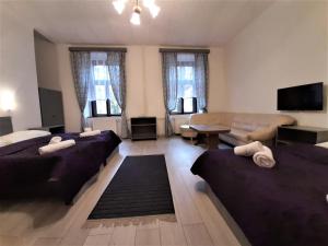 布拉格奥尔加酒店 的一间带三张床和一张沙发的客厅