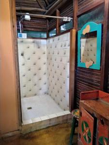 利文斯顿Hotel La Casa Rosada的一间有鸡墙的房间的淋浴