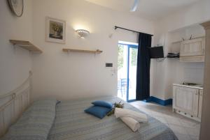 孔卡斯普奇拉Villa Flora Studios & Apartments的一间卧室配有一张带蓝色枕头的床