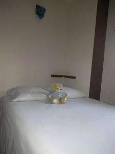 Ternand拉达姆德梅西涅克度假屋的睡在床上的泰迪熊