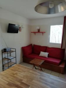 卡尔康LES GRANDS PINS的客厅配有红色沙发和电视