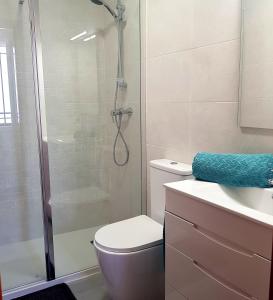 科尼尔-德拉弗龙特拉Apartamento Conil Playa & Centro, perfecto descanso, con Aire Acond y WIFI的带淋浴、卫生间和盥洗盆的浴室