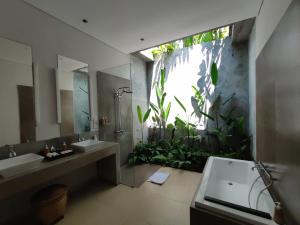 乌布Santun Luxury Private Villas-CHSE CERTIFIED的一间带水槽和大植物的浴室