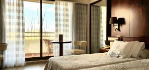 伊维萨镇Hotel Royal Plaza的一间卧室设有一张床,享有阳台的景色