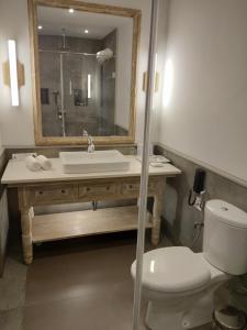 卡兰古特Andores Resort And Spa - Calangute的一间带水槽、卫生间和镜子的浴室