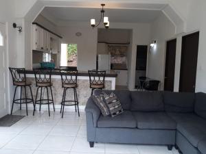 Morne Jaloux RidgeCandy Haven的一间带蓝色沙发的客厅和一间厨房