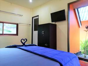 攀牙府Phurafa Resort的一间卧室配有蓝色的床和电视