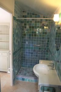 萨雷尔讷le bien placé的蓝色瓷砖浴室设有水槽和淋浴