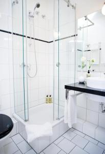 汉堡弗里茨普亚马酒店的带淋浴、卫生间和盥洗盆的浴室