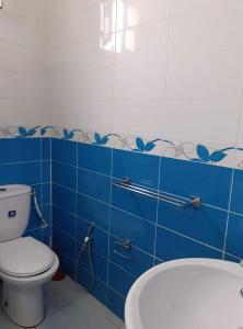 米多恩Diar Karim Djerba的一间带卫生间的浴室和蓝色瓷砖墙
