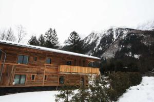 夏蒙尼-勃朗峰Chalet des Amis appt 1 - Chamonix All Year的雪中小木屋,背景是群山