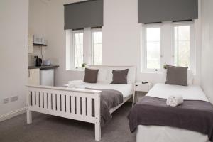 伦敦TLK Apartments & Hotel - Beckenham Junction的一间卧室设有两张床和两个窗户。